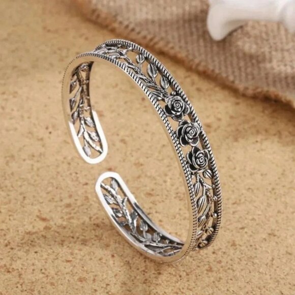 925 Sterling SIlver Rose Bangle Bracelet Rose Flower Engraved Bracelet - Picture 2 of 8